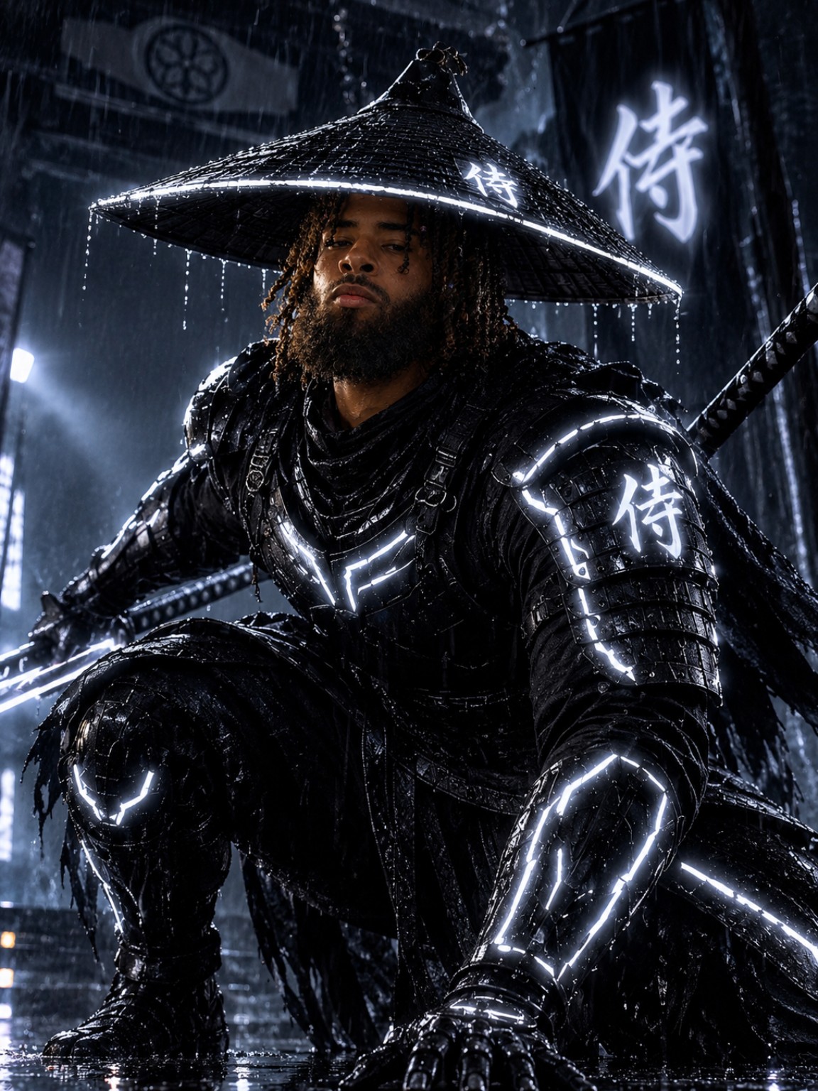 Rainy cinematic action character example