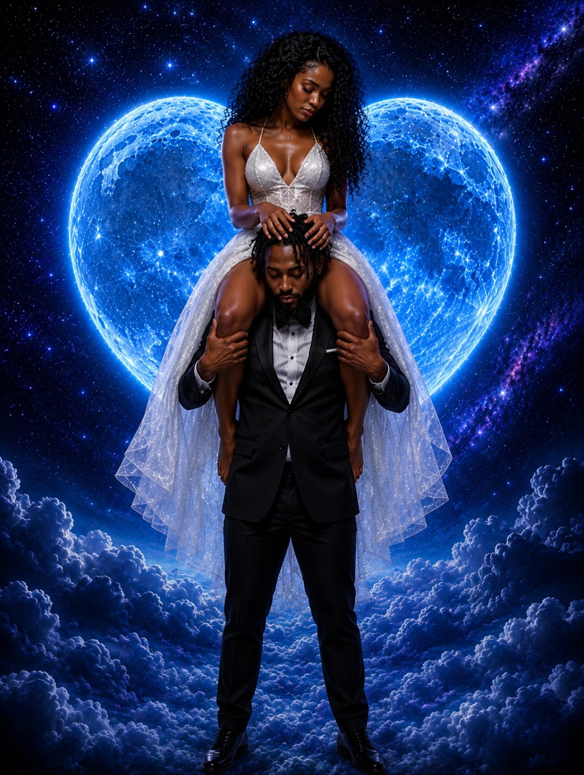 Elegant couple against a glowing cosmic heart
