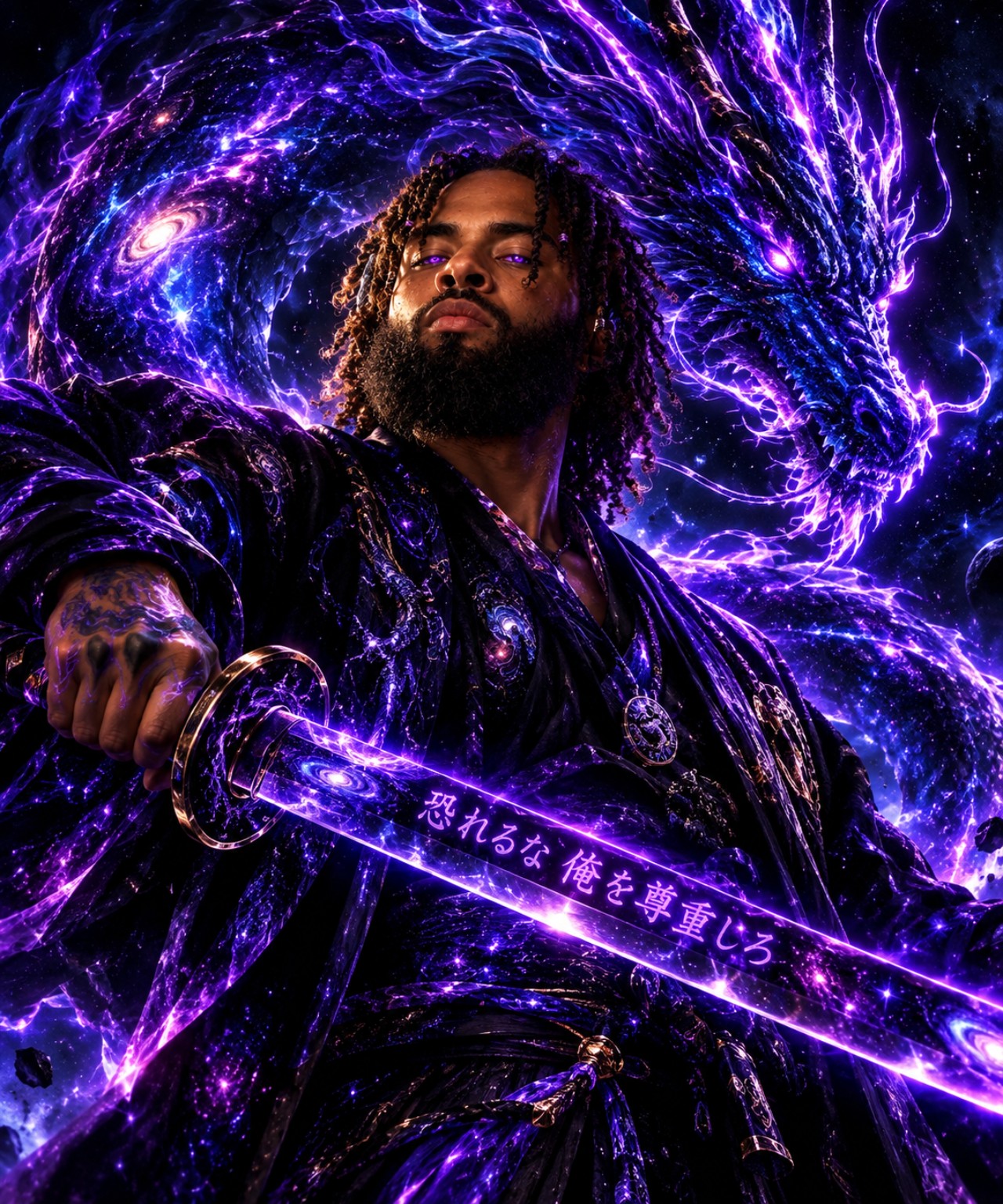 Purple cosmic swordsman with dragon