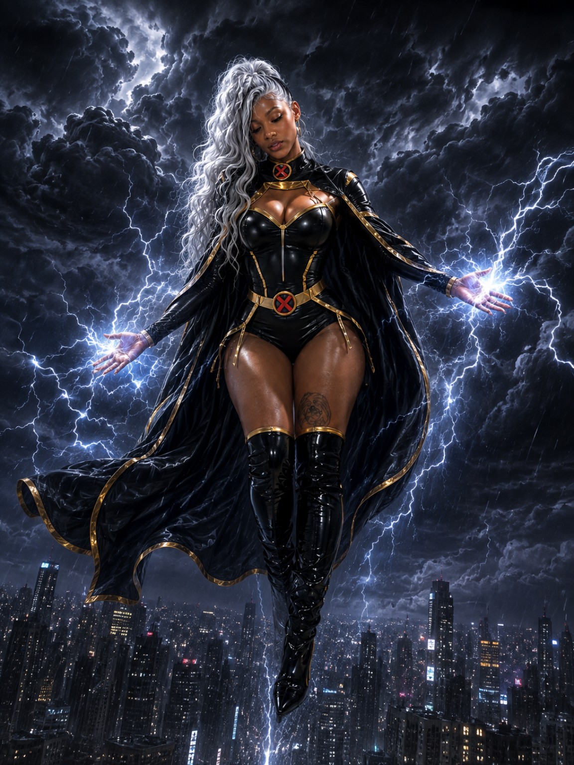 Storm heroine floating over a lightning-filled city